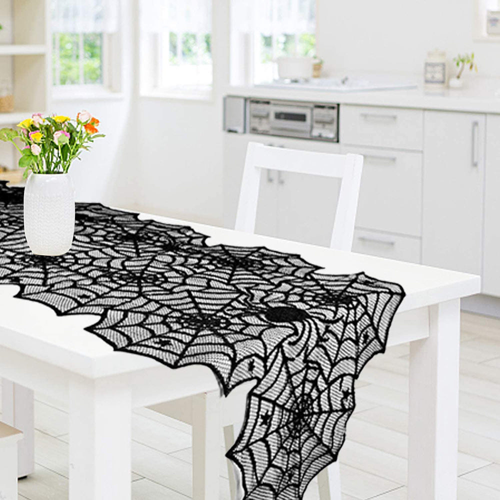 Halloween Black Lace Tablecloth – Spiderweb Table Runner & Fireplace Scarf