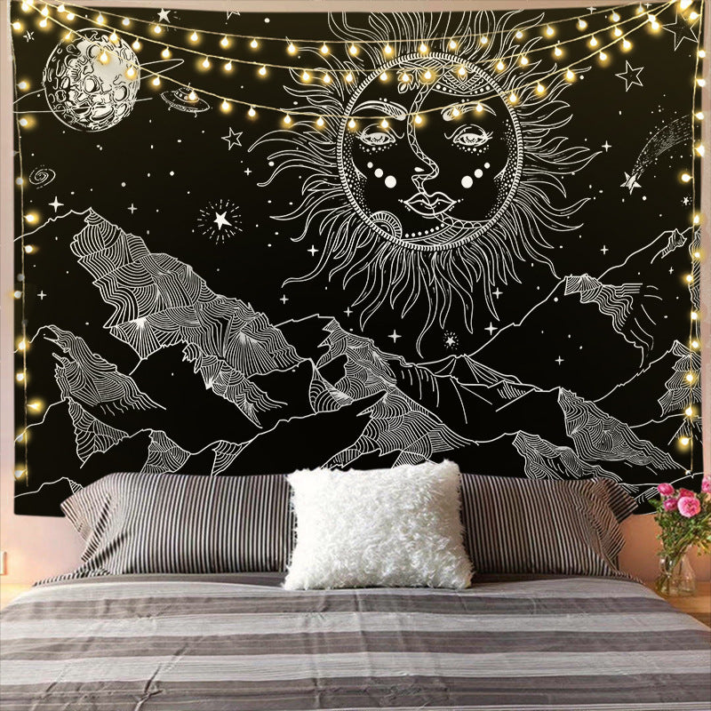 Black & White Mandala Sun and Moon Tapestry – Boho Wall Hanging Decor