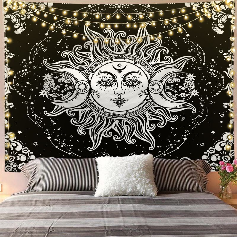 Black & White Mandala Sun and Moon Tapestry – Boho Wall Hanging Decor