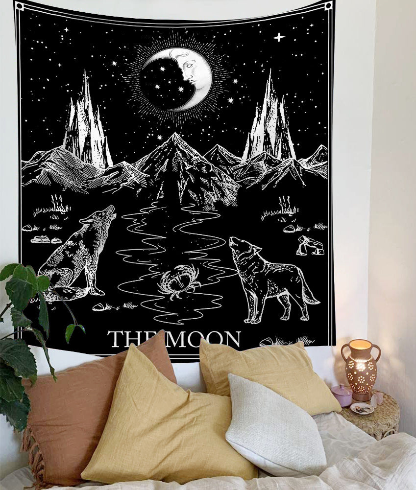 Black & White Mandala Sun and Moon Tapestry – Boho Wall Hanging Decor