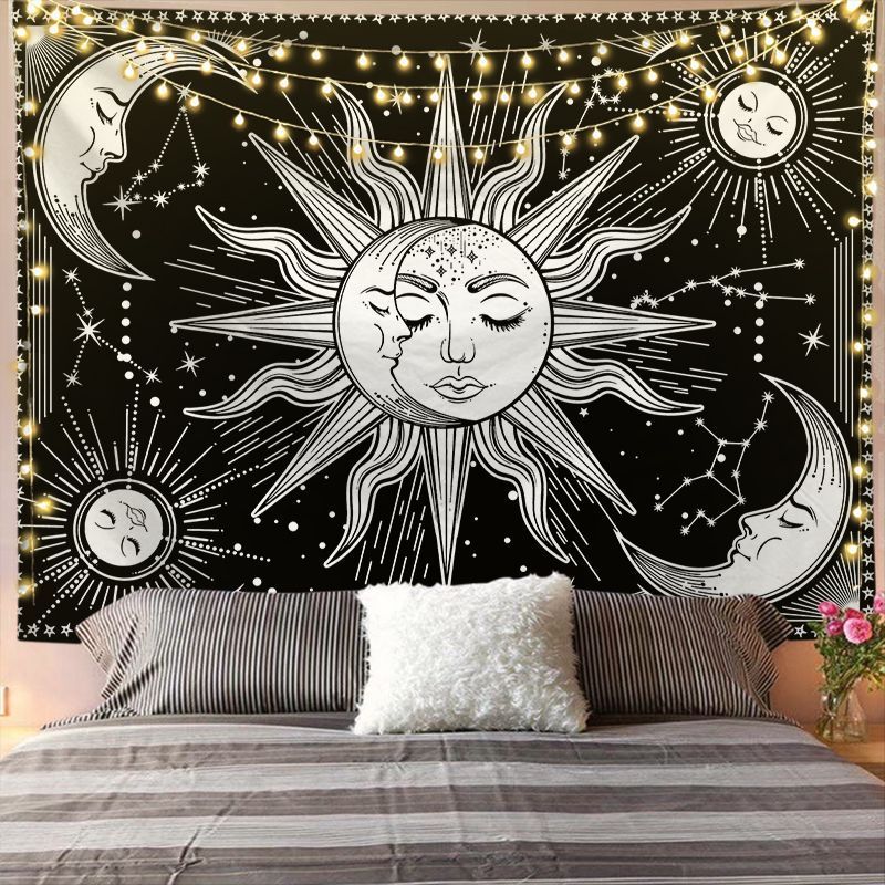 Black & White Mandala Sun and Moon Tapestry – Boho Wall Hanging Decor