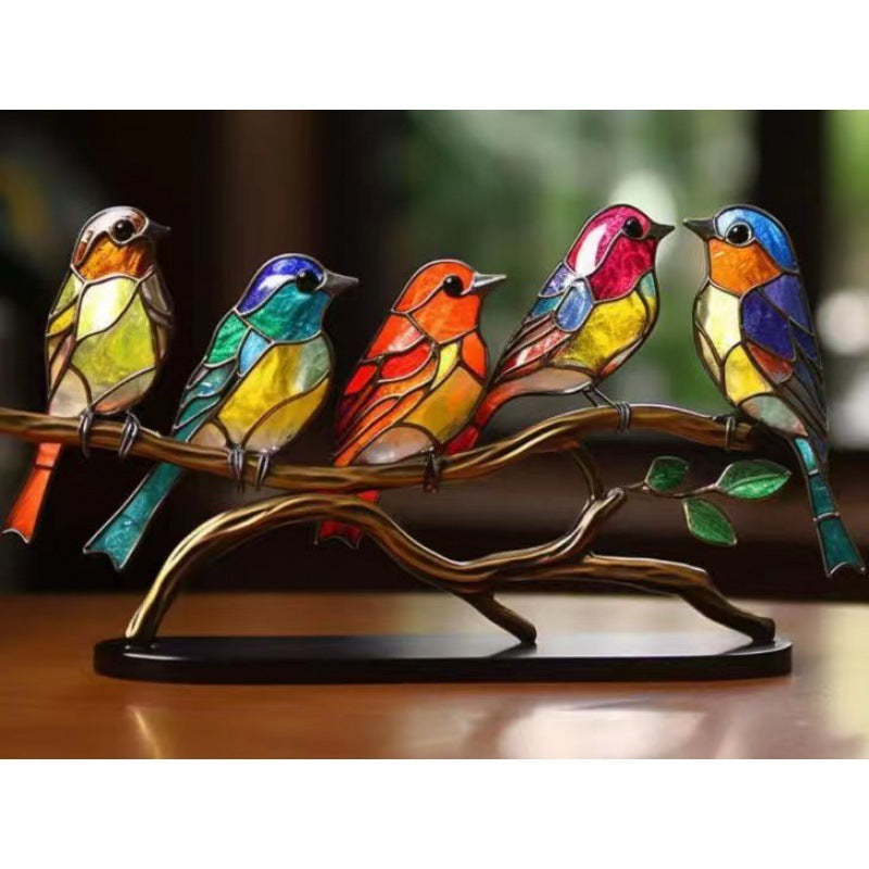 Stained Glass Birds on Branch – Elegant Desktop Ornament for Bird Lovers