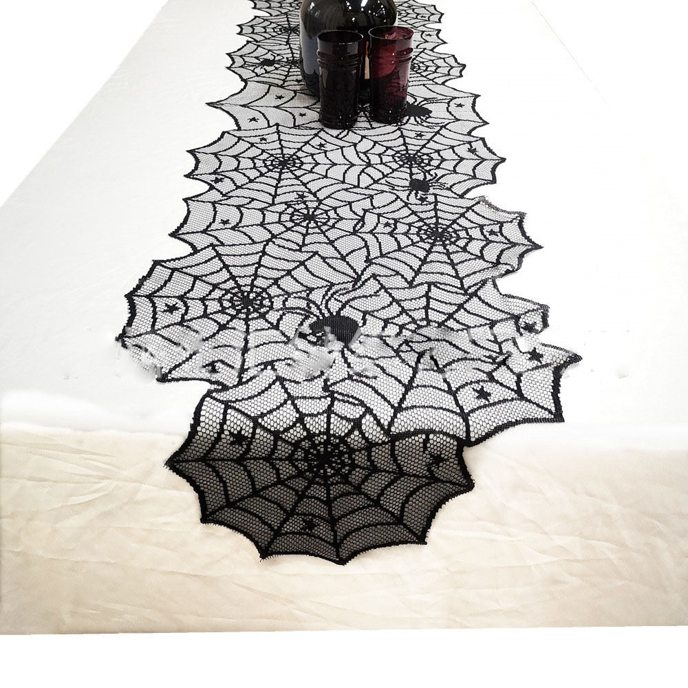 Halloween Black Lace Tablecloth – Spiderweb Table Runner & Fireplace Scarf
