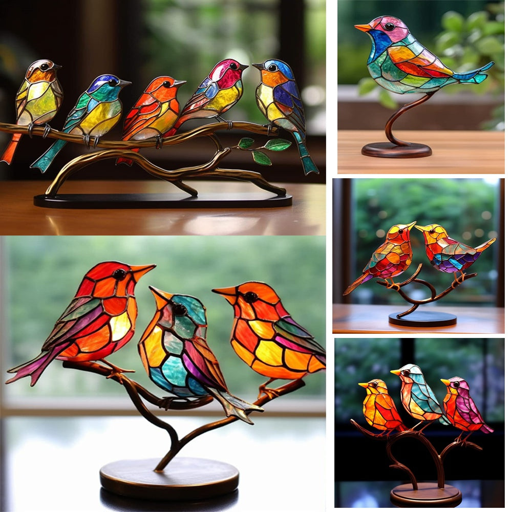 Stained Glass Birds on Branch – Elegant Desktop Ornament for Bird Lovers