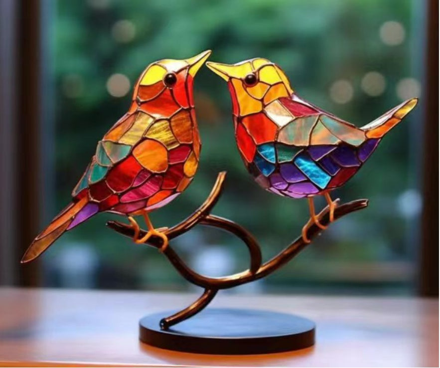 Stained Glass Birds on Branch – Elegant Desktop Ornament for Bird Lovers