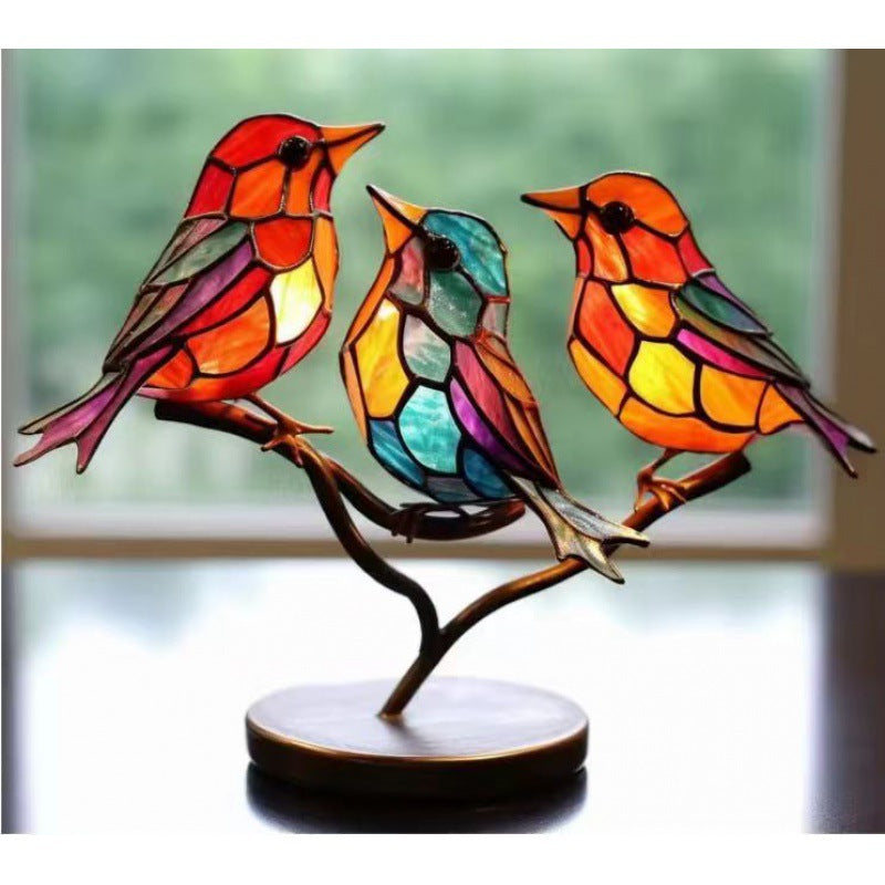 Stained Glass Birds on Branch – Elegant Desktop Ornament for Bird Lovers
