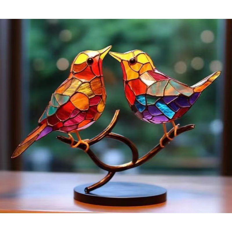 Stained Glass Birds on Branch – Elegant Desktop Ornament for Bird Lovers