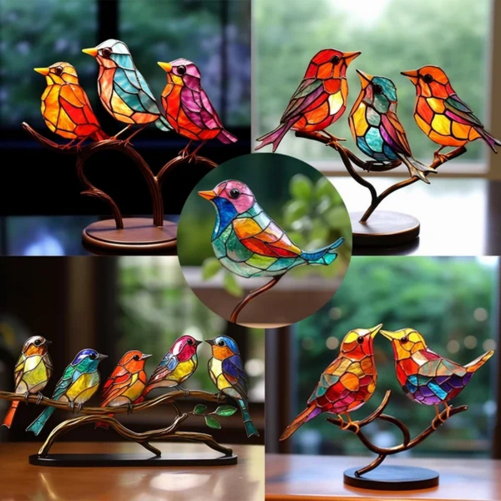 Stained Glass Birds on Branch – Elegant Desktop Ornament for Bird Lovers
