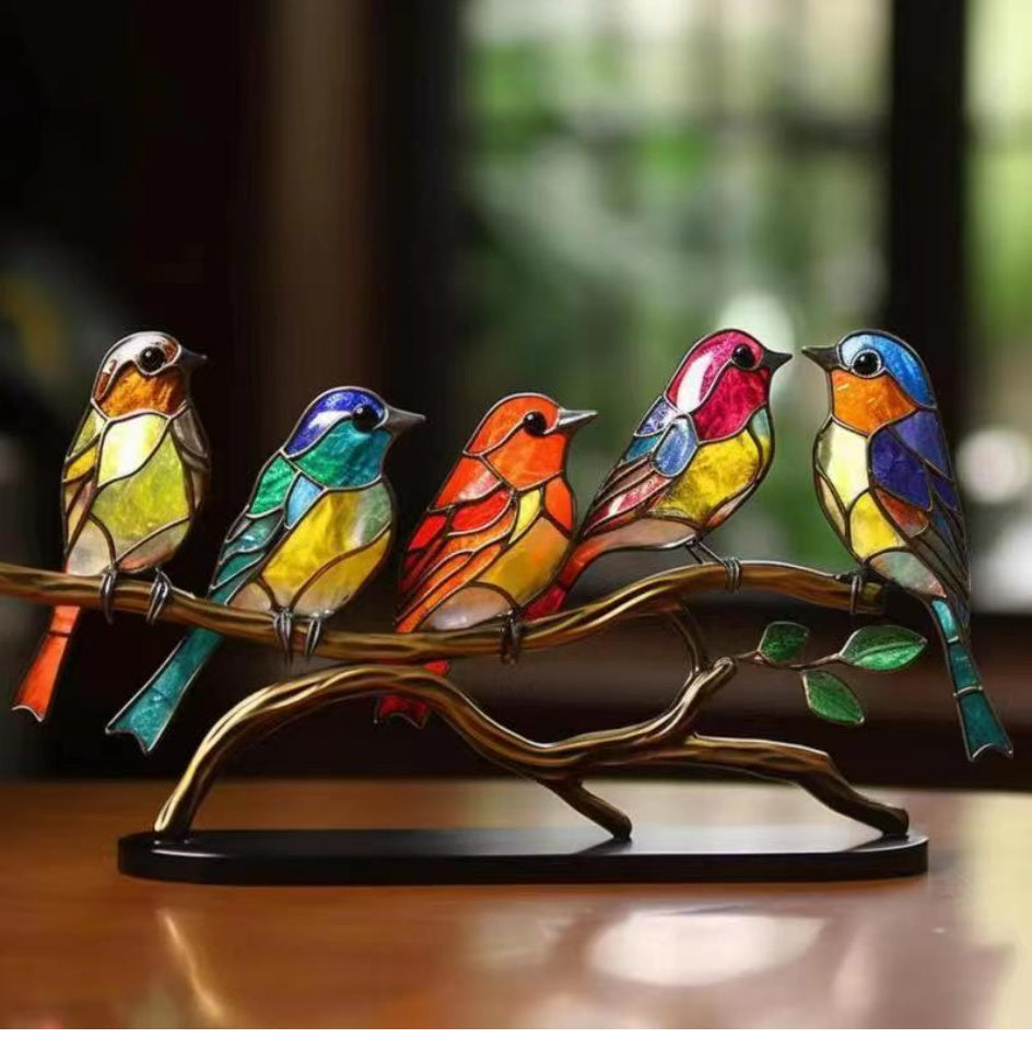 Stained Glass Birds on Branch – Elegant Desktop Ornament for Bird Lovers