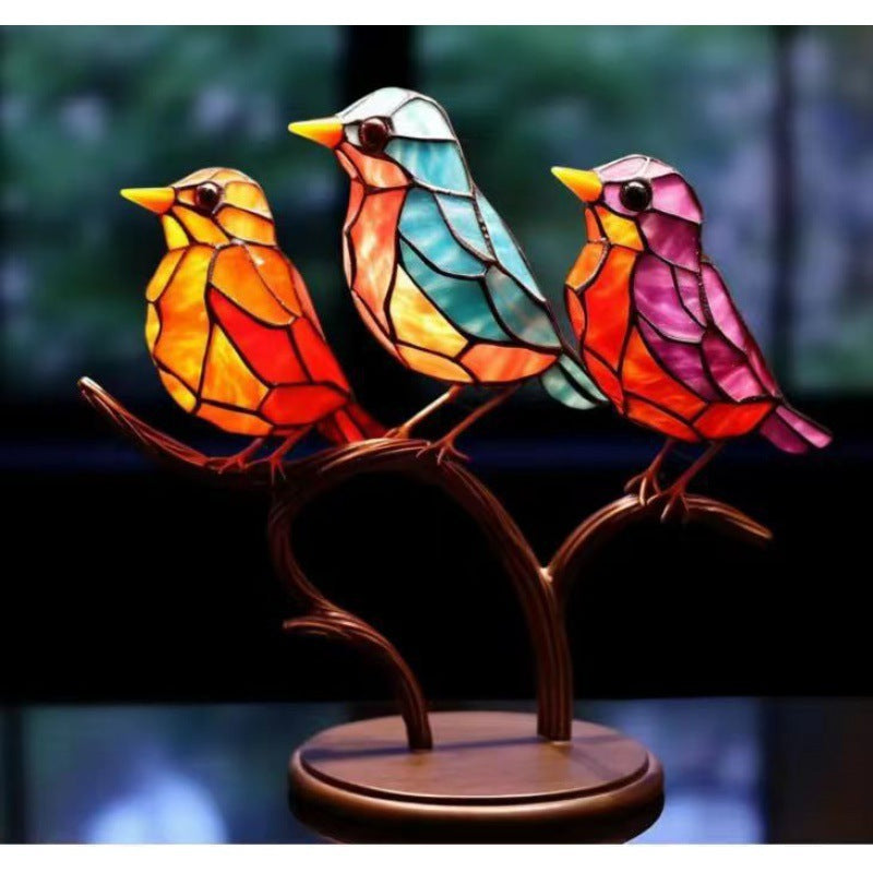 Stained Glass Birds on Branch – Elegant Desktop Ornament for Bird Lovers