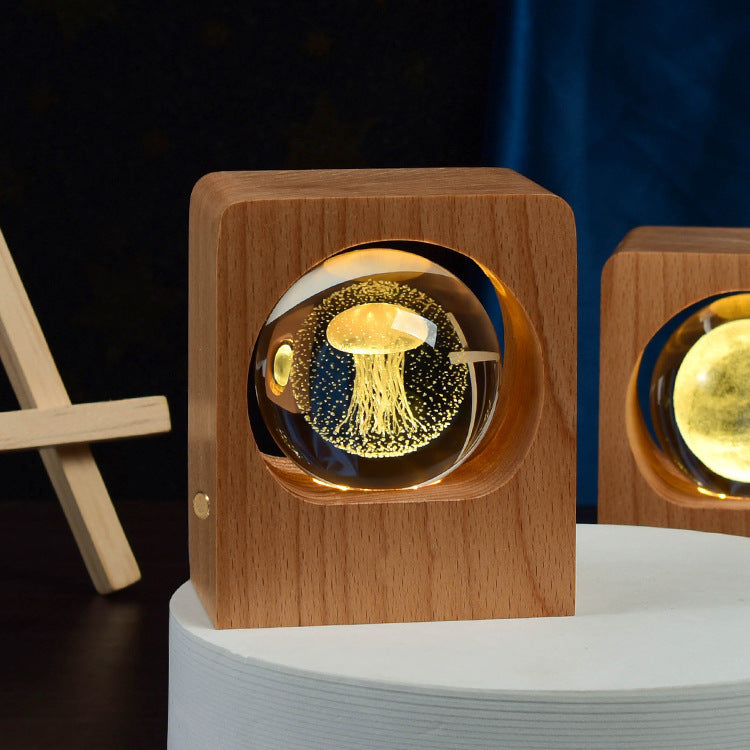 Beech Crystal Ball 3D LED Night Light – Engraved Elk & Jellyfish Lamp for Home Decor & Gifts