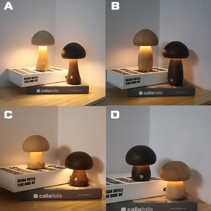 Wooden Mushroom LED Night Light – Touch Control Bedside Lamp for Kids & Home Decor